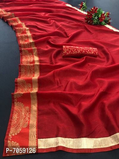 Elegant Cotton Blend Jacquard Border Saree With Jacquard Blouse Piece For Women