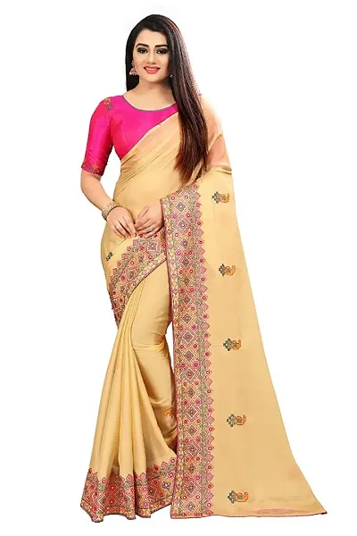 Beautiful Silk Mirror Embroidery Work Saree With Blouse Piece