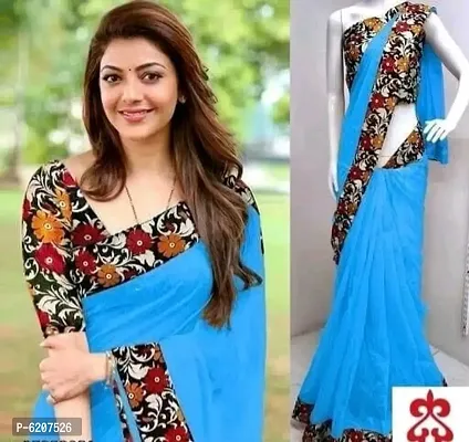 Stylish Cotton Blend Floral Print Border Saree With Blouse Piece For Women