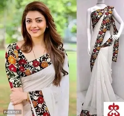 Stylish Cotton Blend White Floral Print Border Saree With Blouse Piece For Women