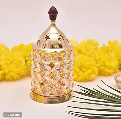 Purti Impex Metal Crystal Decorative Brass Oil Lamp Diya for Puja and Festival Decoration Large (18Cm Height x 8.5Cm Width)-thumb0