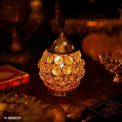 Purti Impex Akhand Diya Diyas Decorative Brass Crystal Oil Lamp, Tea Light Holder Lantern Oval Shape Diwali Gifts Home Decor Puja Lamp (Small)-thumb2