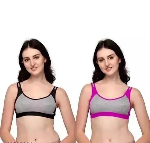 Glamsty Women's Cotton Non-Padded Non-Wired Sports Bra Pack of 2