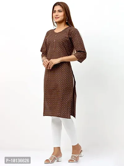 IGYNE Women's Regular Fit Straight Poly Cotton Printed Kurti with 3/4 Sleeve and Round Neck (Brown, Size_XL)-thumb3