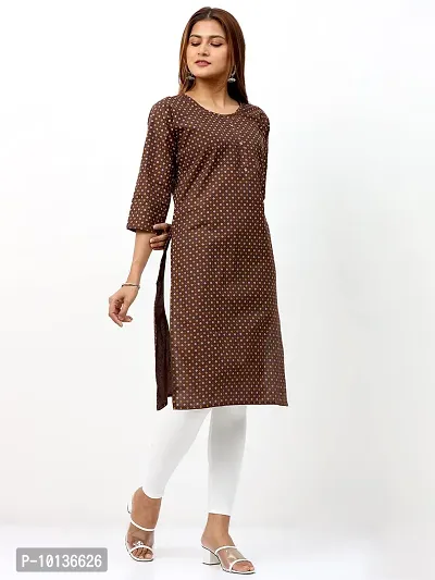 IGYNE Women's Regular Fit Straight Poly Cotton Printed Kurti with 3/4 Sleeve and Round Neck (Brown, Size_XL)-thumb4