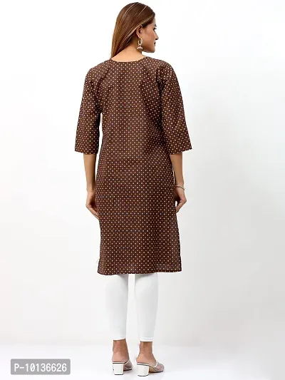 IGYNE Women's Regular Fit Straight Poly Cotton Printed Kurti with 3/4 Sleeve and Round Neck (Brown, Size_XL)-thumb5