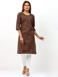 IGYNE Women's Regular Fit Straight Poly Cotton Printed Kurti with 3/4 Sleeve and Round Neck (Brown, Size_XL)-thumb1