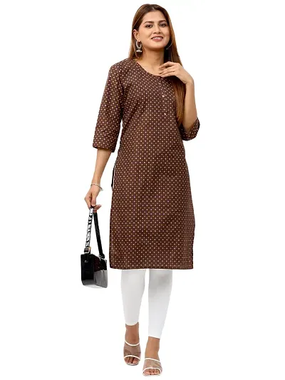 IGYNE Women's Regular Fit Straight Poly Cotton Printed Kurti with 3/4 Sleeve and Round Neck (Brown, Size_XL)