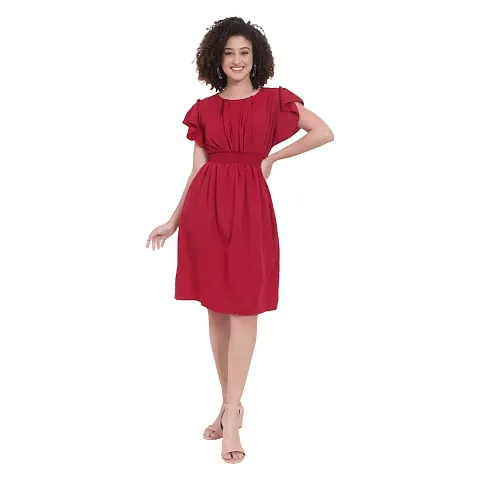 Pleated Front Flared Sleeves Knee Length Dress