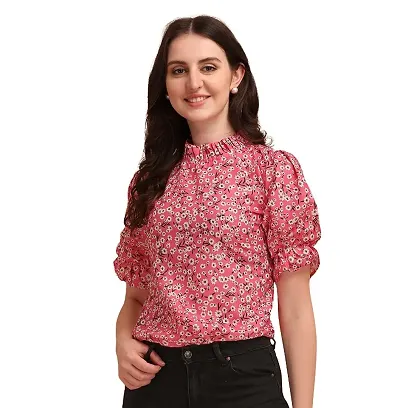 Wedani Women's Casual Floral Top with Short Puffed Sleeves Western Ruffled Collar