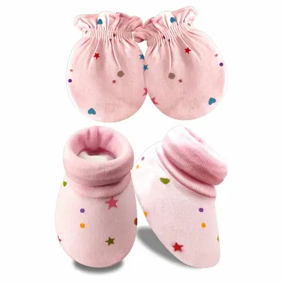 |KIDS AND BEBS| New Born Baby Mitten And Booties Set In Multicolor And Multiprint With Pure 100% Cotton And Rib On Top For Unisex Baby Suitable For 0 to 6 Months Babys (Star pink)