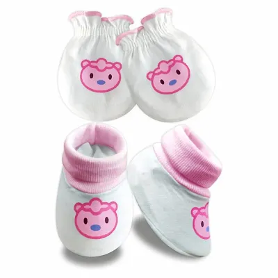 |KIDS AND BEBS| New Born Baby Mitten And Booties Set In Multicolor And Multiprint With Pure 100% Cotton And Rib On Top For Unisex Baby Suitable For 0 to 6 Months Babys (Color rib pink)
