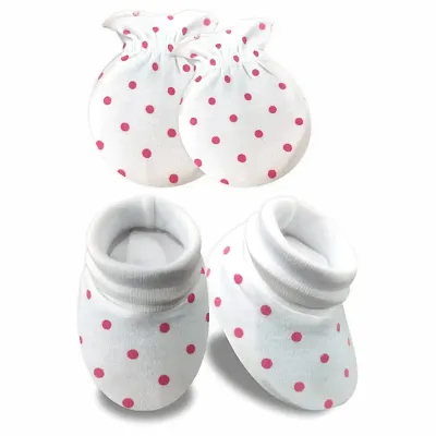 |KIDS AND BEBS| New Born Baby Mitten And Booties Set In Multicolor And Multiprint With Pure 100% Cotton And Rib On Top For Unisex Baby Suitable For 0 to 6 Months Babys (Dot pink)