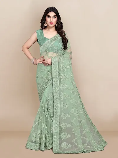 Stylish Net Embroidered Saree with Blouse piece For Women