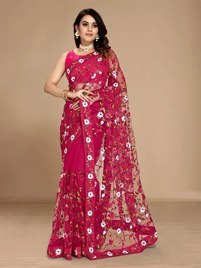 Stylish Net Embroidered Saree with Blouse Piece