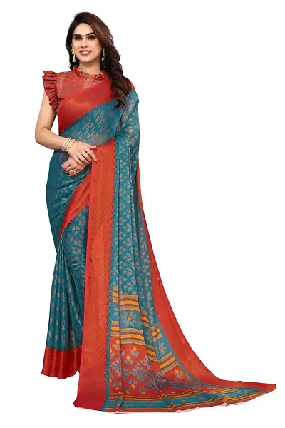 RISKWIN Womens Chiffon Brasso Sarees Copper Zari border with blouse piece