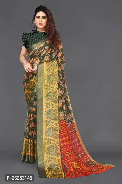 Elegant Green Cotton Silk Saree with Blouse piece-thumb0