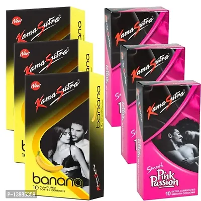 A 'KAMASUTRA' Lubricated Condoms Multi Colored Banana Flavour Condom Made of Natural Rubber Latex For Men(6 Pack Of 60 Condom)