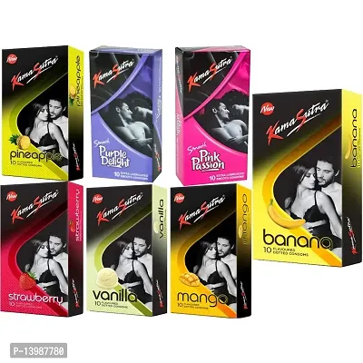 A 'KAMASUTRA' Lubricated Condoms Multi Colored Banana Flavour Condom Made of Natural Rubber Latex For Men(7 Pack Of 70 Condom)