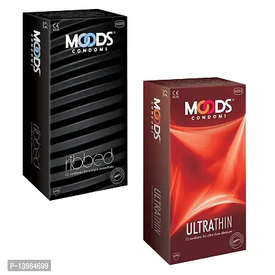 A 'MOODS' Ribbed  Ultrathin Condom Made of Natural Rubber Latex For Men(2 Pack Of 12 Condom Each)