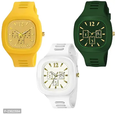 AXXTITUDE Stylist Daily Use Yellow/White/Green Colour Wrist Watches- for Mens/Boys (Combo of 3)