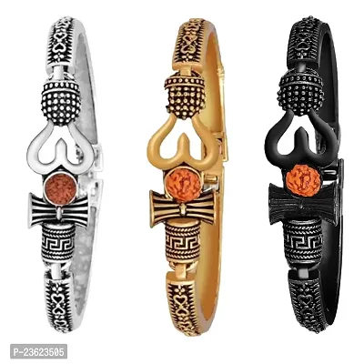 AXXTITUDE Ethnic Kada Bracelet For Men| Mahadev Bracelets| Lord Mahadev Ethnic Bracelet for Mens| Pack Of 3 | Silver Coated Mahadev Bracelet-thumb0