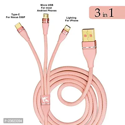 NITROGEN 3 in 1 Fast Multifunctional Nylon Braided Charging Cable for Type-C, Micro and iPhone Pins, Smart 3 Port (Pink Color)-thumb5