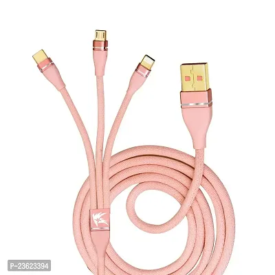 NITROGEN 3 in 1 Fast Multifunctional Nylon Braided Charging Cable for Type-C, Micro and iPhone Pins, Smart 3 Port (Pink Color)
