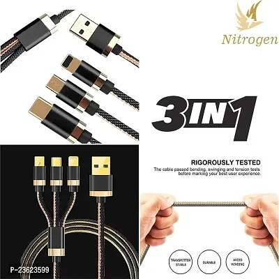 Nitrogen 3-In-1 Fast Charging Nylon Braided Durable Data Cable Compatible For All Smartphones  Mobile Accessories (Black, Gold, One Cable)-thumb4