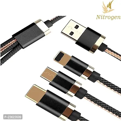 Nitrogen 3-In-1 Fast Charging Nylon Braided Durable Data Cable Compatible For All Smartphones  Mobile Accessories (Black, Gold, One Cable)-thumb3