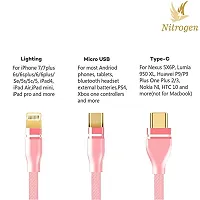 NITROGEN 3 in 1 Fast Multifunctional Nylon Braided Charging Cable for Type-C, Micro and iPhone Pins, Smart 3 Port (Pink Color)-thumb1