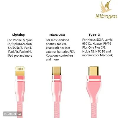 NITROGEN 3 in 1 Fast Multifunctional Nylon Braided Charging Cable for Type-C, Micro and iPhone Pins, Smart 3 Port (Pink Color)-thumb2