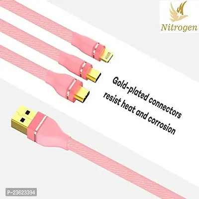 NITROGEN 3 in 1 Fast Multifunctional Nylon Braided Charging Cable for Type-C, Micro and iPhone Pins, Smart 3 Port (Pink Color)-thumb4