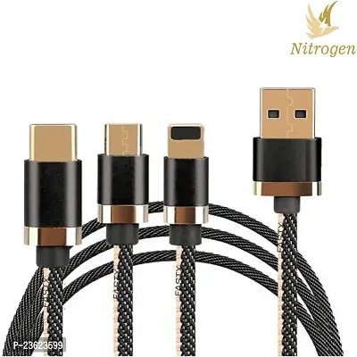 Nitrogen 3-In-1 Fast Charging Nylon Braided Durable Data Cable Compatible For All Smartphones  Mobile Accessories (Black, Gold, One Cable)-thumb2