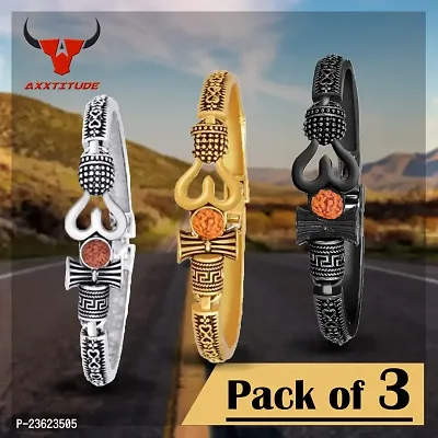 AXXTITUDE Ethnic Kada Bracelet For Men| Mahadev Bracelets| Lord Mahadev Ethnic Bracelet for Mens| Pack Of 3 | Silver Coated Mahadev Bracelet-thumb3