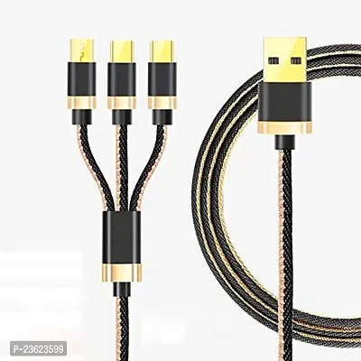 Nitrogen 3-In-1 Fast Charging Nylon Braided Durable Data Cable Compatible For All Smartphones  Mobile Accessories (Black, Gold, One Cable)