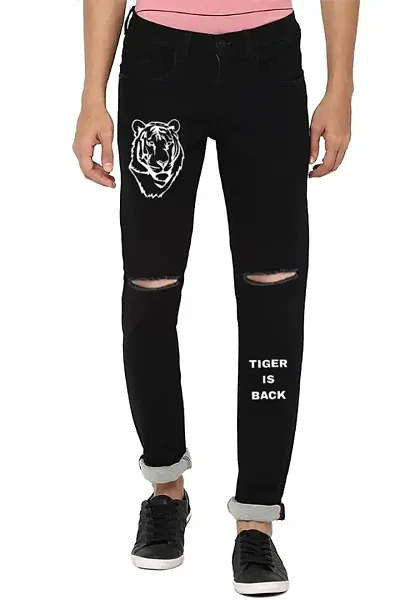 Mens Printed Knee Cut Black Slim Fit Jeans For Men