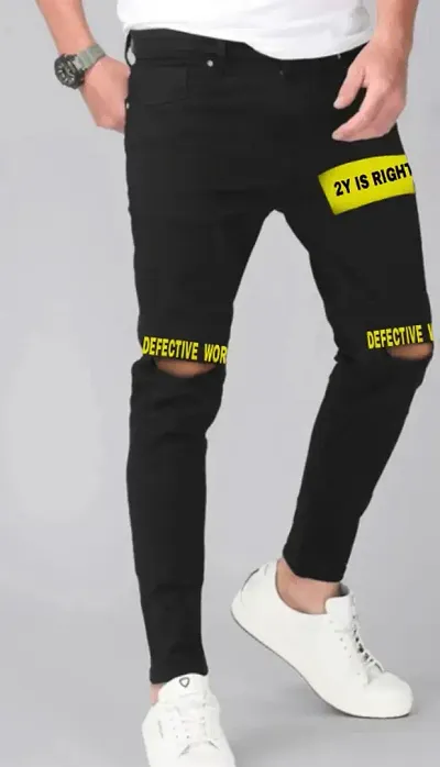 Stylish Black Cotton Blend Printed Mid-Rise Jeans For Men