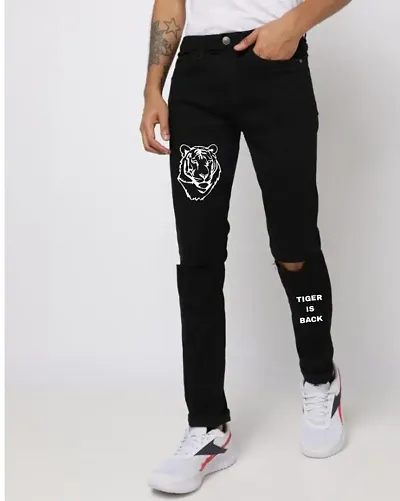 Star4well Men Knee Cut Black Printed Jeans