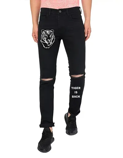 Men Black Slim Fit Printed Knee Cut Jeans