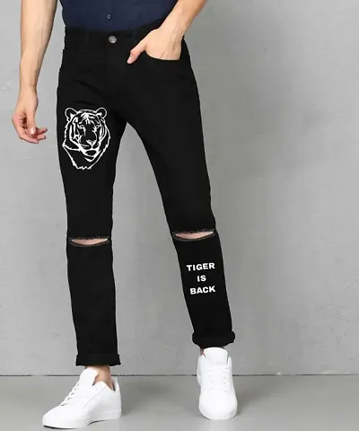 Mens Printed Knee Cut Black Slim Fit Jeans For Men