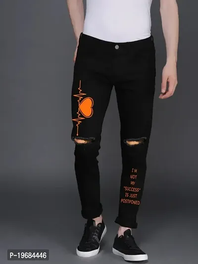Star4well Men Printed Black Knee Cut Jeans
