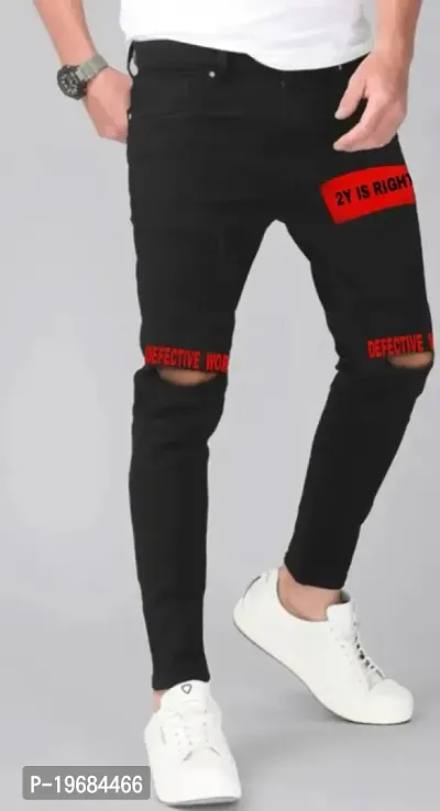 Star4well Men Printed Black Knee Cut Jeans-thumb0