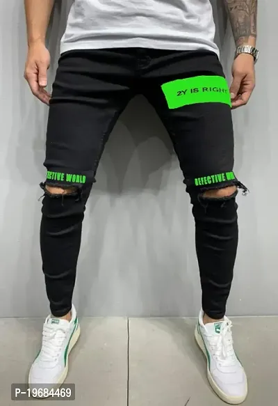 Star4well Men Printed Black Knee Cut Jeans-thumb0