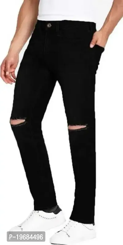 Star4well Men Slim Fit Black Knee Cut Jeans-thumb0