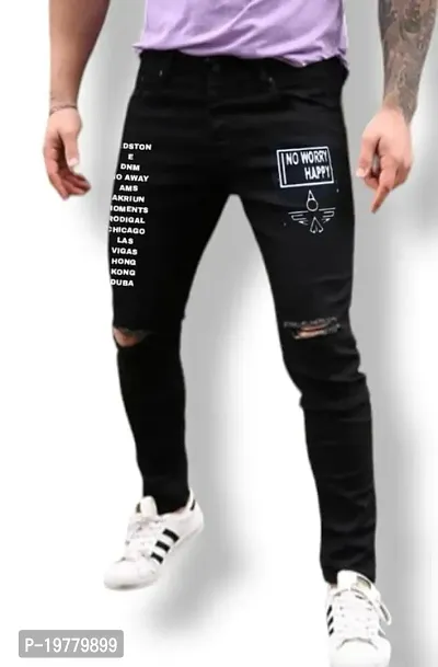 Star4well Men Printed Black Knee Cut Jeans