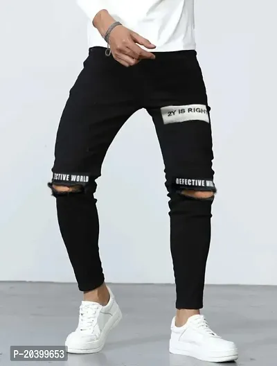 Star4well Men Slim Fit Printed Knee Cut Black Jeans-thumb0