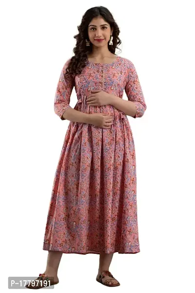HRK VENOM Women's Pure Cotton Printed Maternity Gown/Maternity wear/Feeding Gown A-line Maternity Feeding Dress Maternity Kurti Gown for Women-thumb0