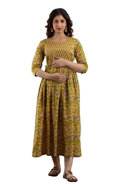 HRK VENOM Women's Pure Cotton Printed Maternity Gown/Maternity wear/Feeding Gown A-line Maternity Feeding Dress Maternity Kurti Gown for Women
