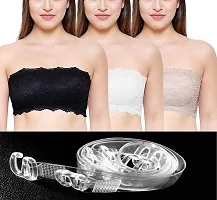 SPIRIT BEAUTY Women's Lace Lightly Padded Wire Free Strapless Padded Tube Bra Pack of 3 (Free Size, 26 to 32) (Black White  Skin)-thumb1